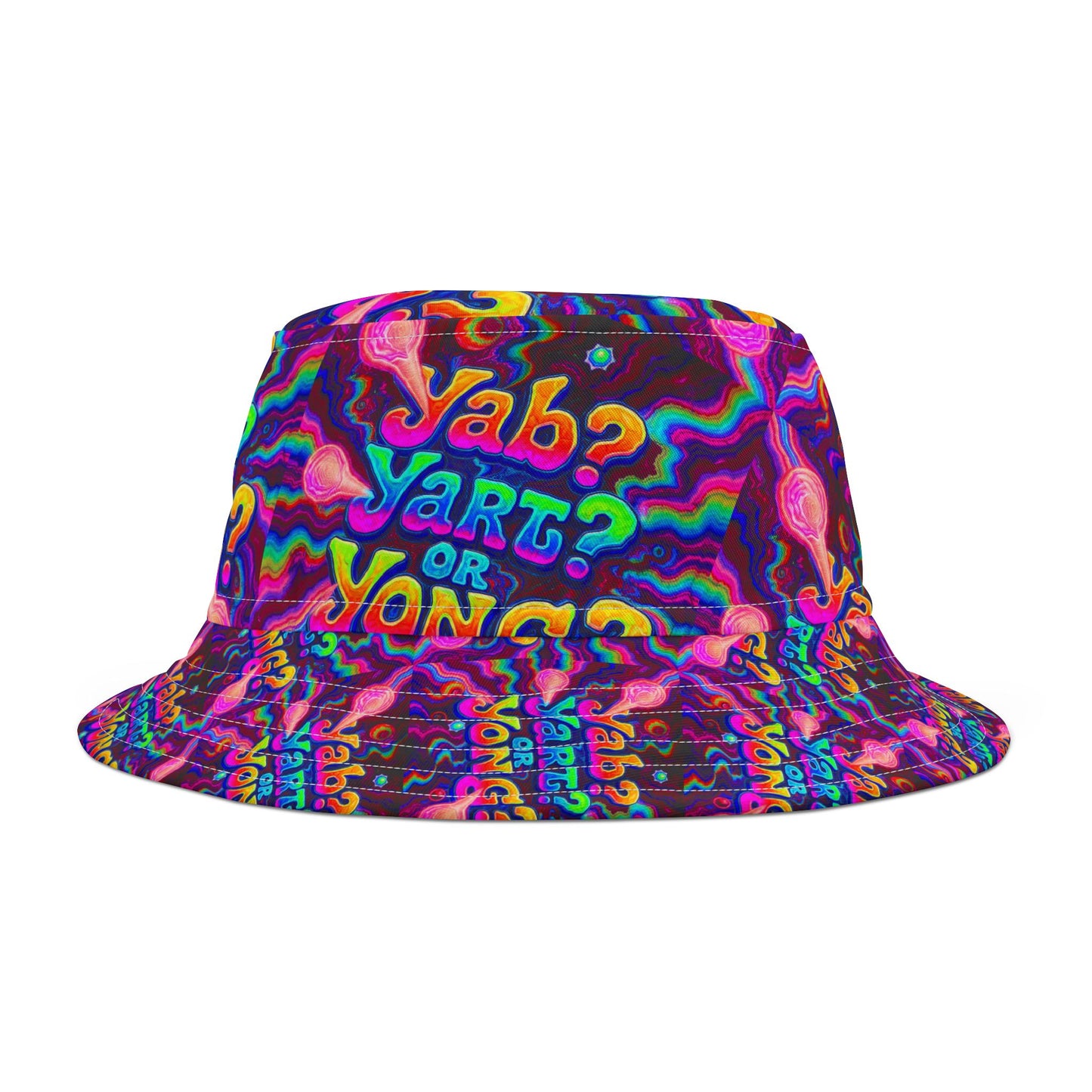 Psychedelic 'Yab? Yart? Or Yong?' All-Over Print Bucket Hat — Vibrant Retro Tie-Dye Festival Accessory
