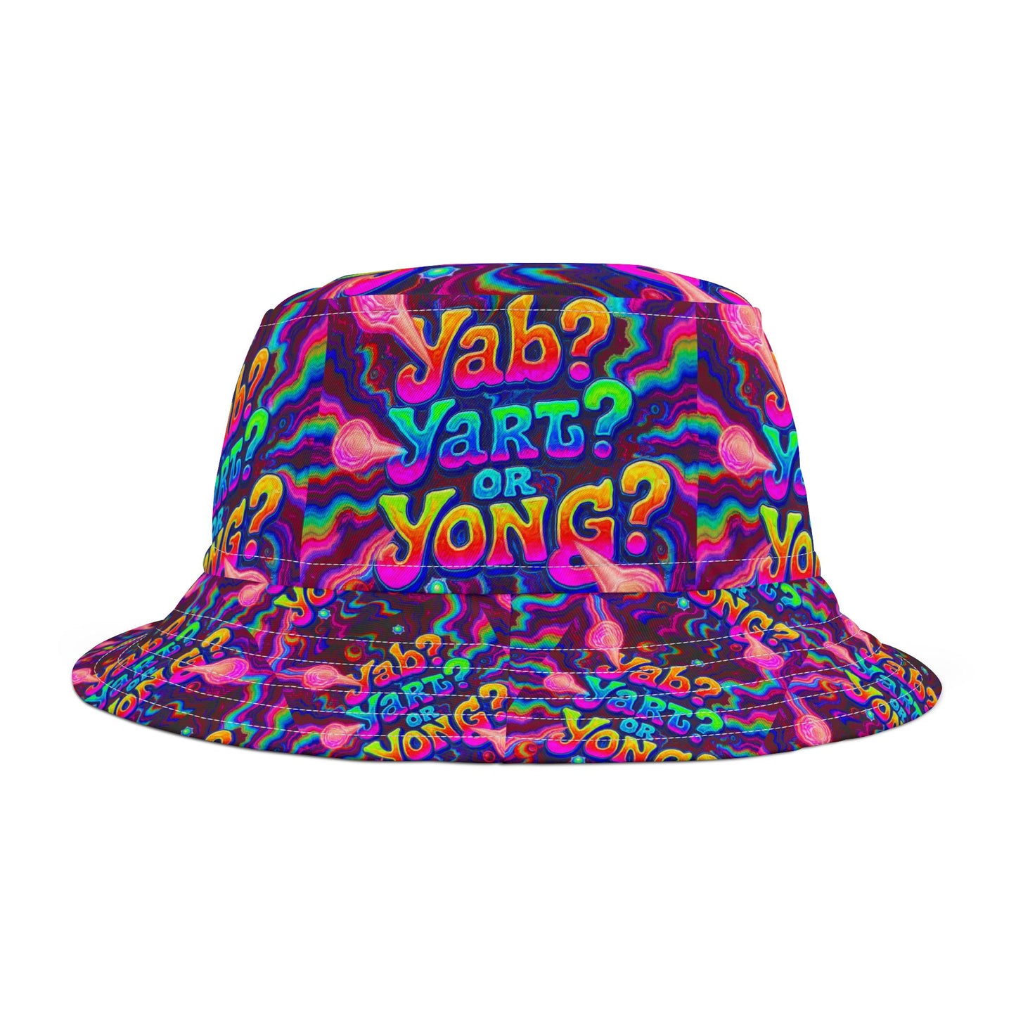 Psychedelic 'Yab? Yart? Or Yong?' All-Over Print Bucket Hat — Vibrant Retro Tie-Dye Festival Accessory