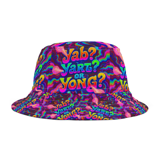 Psychedelic 'Yab? Yart? Or Yong?' All-Over Print Bucket Hat — Vibrant Retro Tie-Dye Festival Accessory