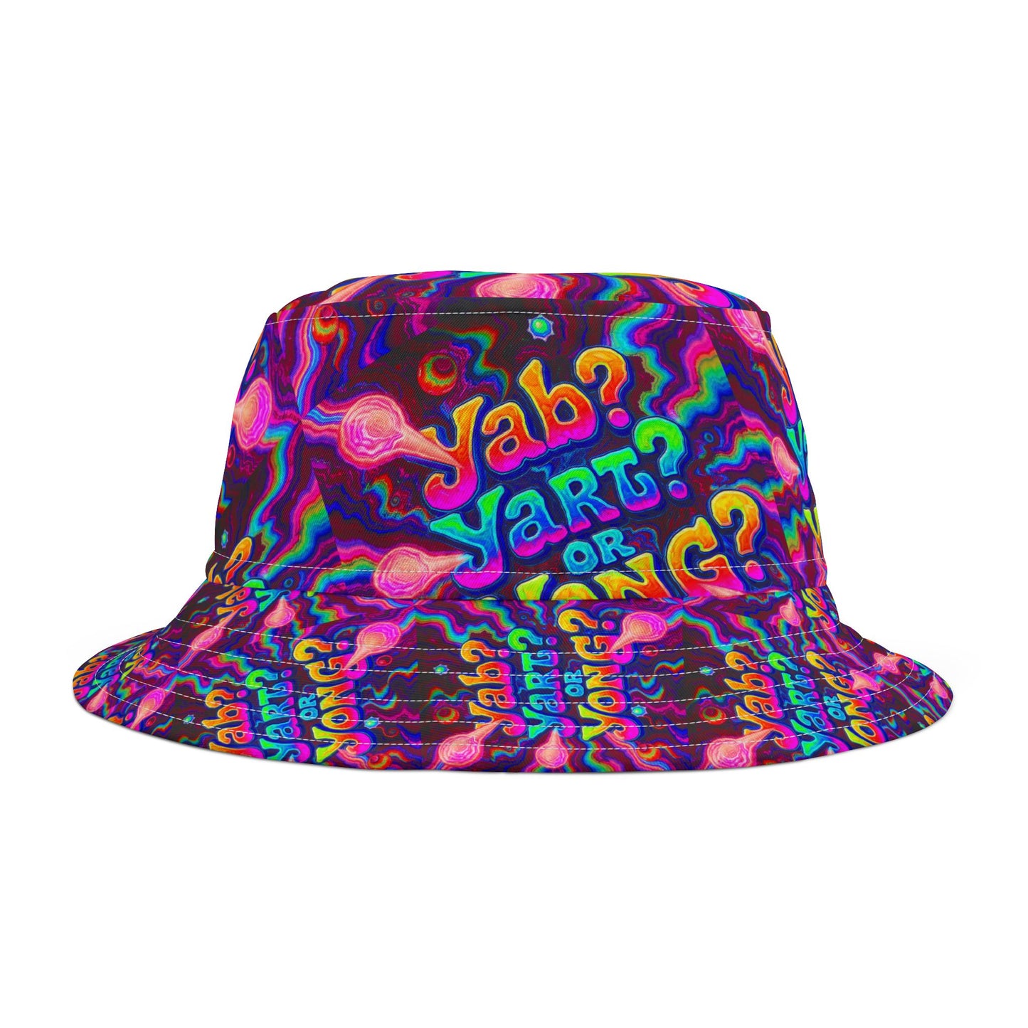 Psychedelic 'Yab? Yart? Or Yong?' All-Over Print Bucket Hat — Vibrant Retro Tie-Dye Festival Accessory